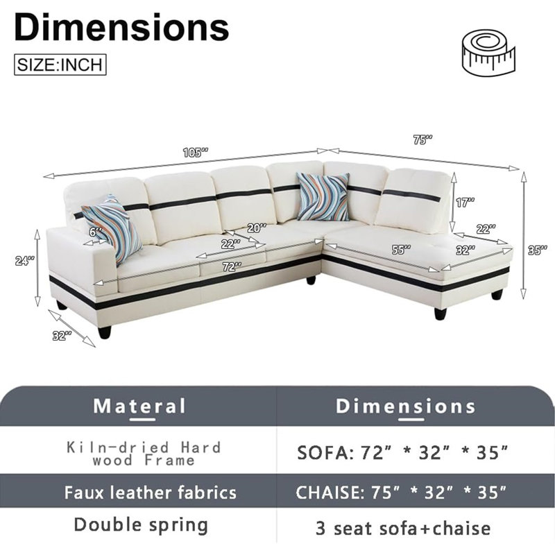 Bawan Faux Leather L-Shaped Sectional, Right Hand Facing, White/Black Faux Leather