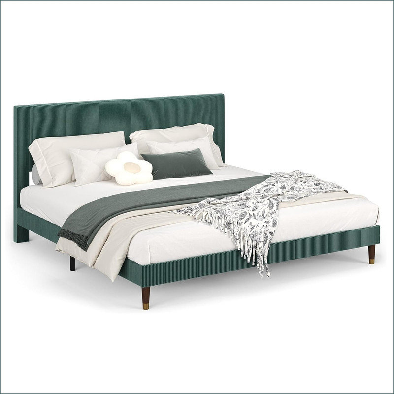 Base de lit plateforme avec tête de lit, cadre de lit rembourré en velours côtelé confortable avec support en lattes de bois, aucun sommier tapissier, silencieux et facile à assembler pour les dortoirs pour adolescents