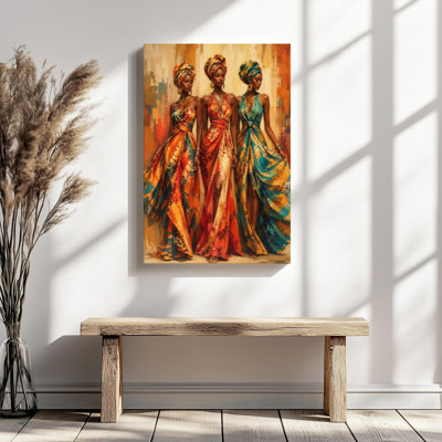 Art Deco Three Black Women in Vibrant Dresses & Headscarves Canvas Wall Art - Gallery Wrap Canvas with Solid Wood Inner Frame, Ready to Hang