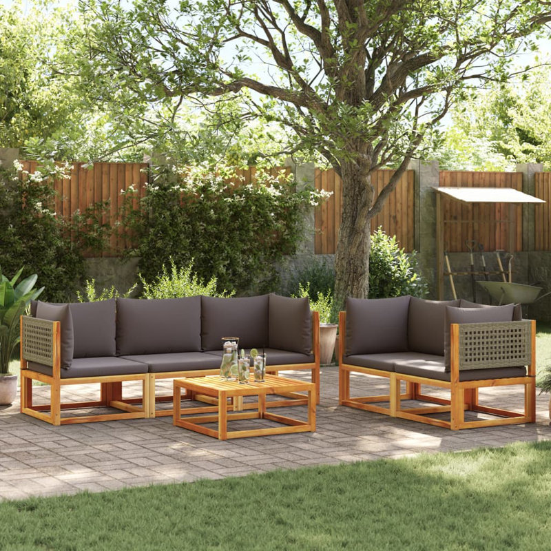  Ensemble de canapé de jardin en bois d'acacia gris massif, rotin PE, tissu de polyester, Blanc, crème