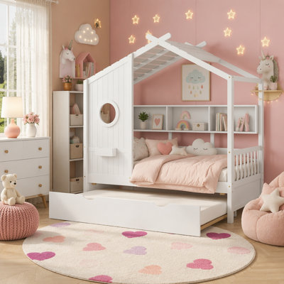Wooden House Bed with Trundle and Storage Shelves, Modern Design for Kids