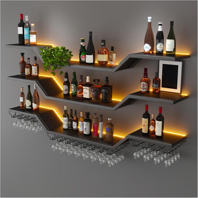 47.2In Modern LED Wine Rack Wall Mounted, 3-Tier Floating Bar Shelves With Wine Glass Rack, Large Hanging Liquor Shelf Wall Mounted, For Home Bar Dining Room Cafe Decorative (Black, 47.2In/120Cm)