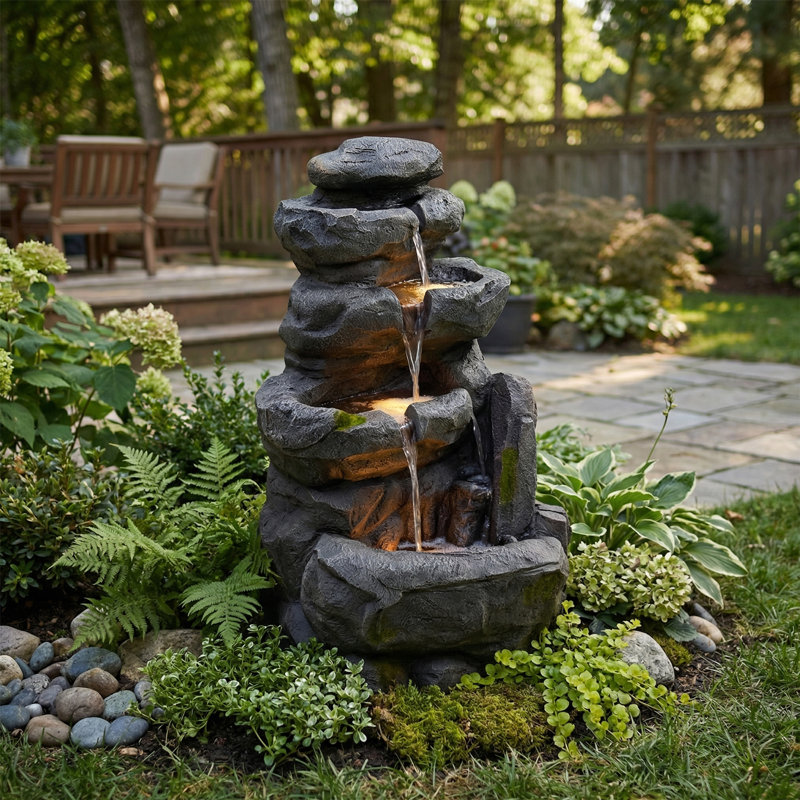 Rustic Brown Outdoor Fountain With LED Lights And Included Pump For Garden Patio Decor