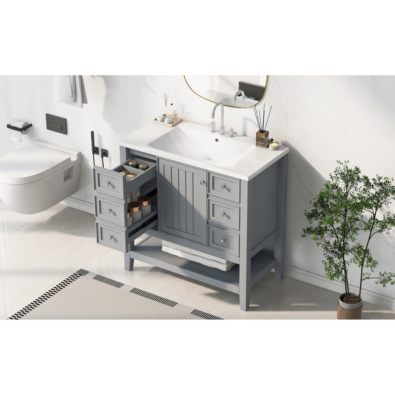 Meuble-lavabo autoportant de 36 pouces avec lavabo en céramique blanche, une porte d'armoire, trois tiroirs, bois massif de haute qualité, finition grise, finition peinte, support de robinet encastré de 4 po, tablette réglable
