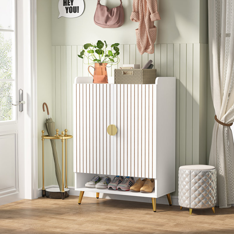 Shoe Cabinet with Adjustable Shelves and Doors, White