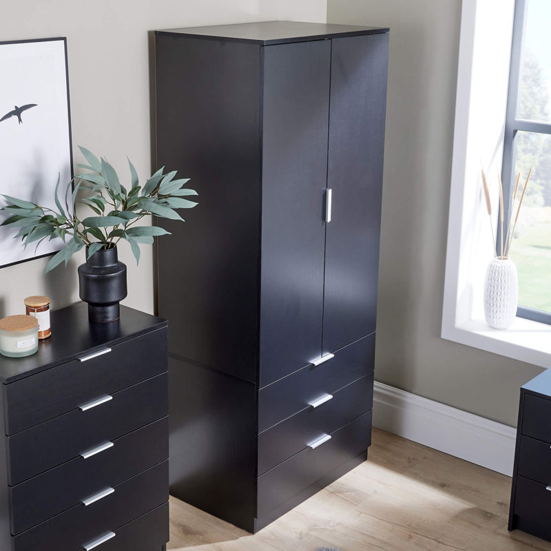 Phoenix 2 Door 3 Drawer Hanging Rail Bedroom Storage Wardrobe, Black