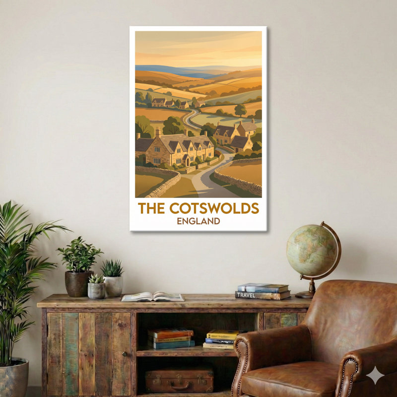 The Cotswolds, England - Golden Valley Romance Travel Poster. Giclee Print On Wrapped Canvas. Wall Art, Home Decor - Regions & Scenic Areas, England - Wrapped Canvas Print