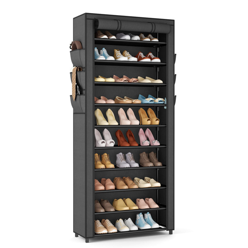 Vertical Narrow Shoe Rack Organizer Tall Shoe Rack For Closet Entryway 10 Tier Non-Woven Cover Shoe Shelf Holds 36-41 Pairs Free Standing Shoe Storage Cabinet With Dustproof Cover, Black