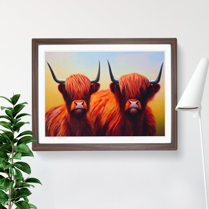Two Highland Cows Vol.2 - Single Picture Frame Print, 46cm H x 64cm W x 2cm D, Walnut Framed