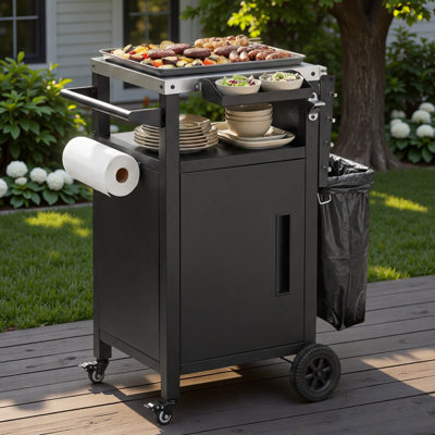 Outdoor Grill Cart Kitchen Island With Drop Leaf, Wheels, Stainless Steel Top, Storage Cabinet, Spice Rack And Paper Towel Holder