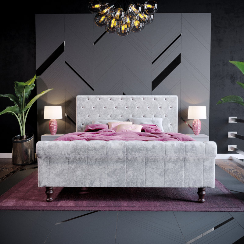 Barr Upholstered Bed, Crushed Velvet Silver, Kingsize (5')