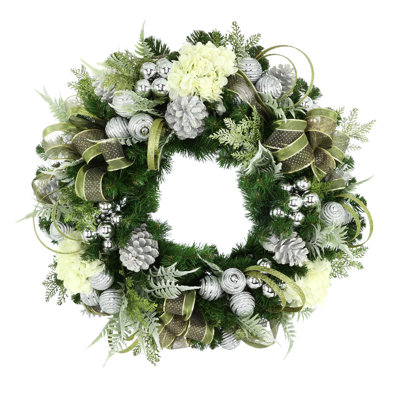 Couronne de Noël 32 po avec hortensias, ornements et boucles