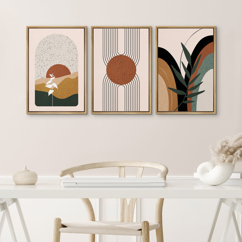 Mid Century Modern Boho IDEA4WALL Framed Canvas Print Wall Art Set Geometric Tropical Landscape Abstract Shapes Illustrations Minimalism Bohemian Decorative For Living Room, Bedroom, Office - 24"X36"X3 Natural