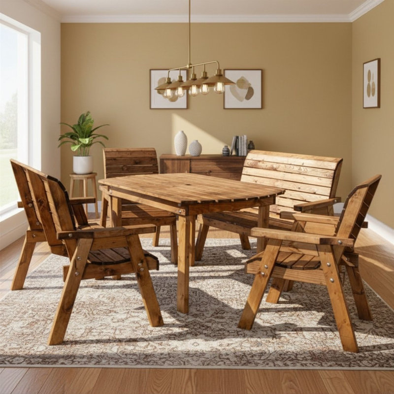 Handmade 6 Seater Rustic Wooden Indoor Dining Table, Bench & Chair Set