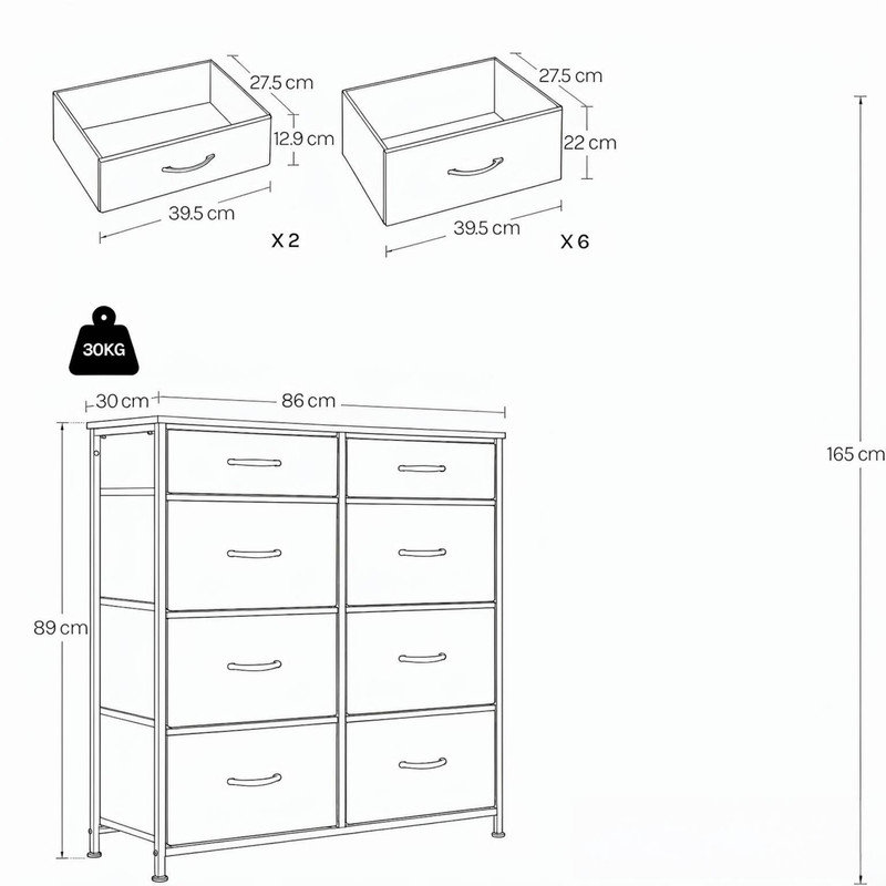 86 cm W Chest of 8 Drawers