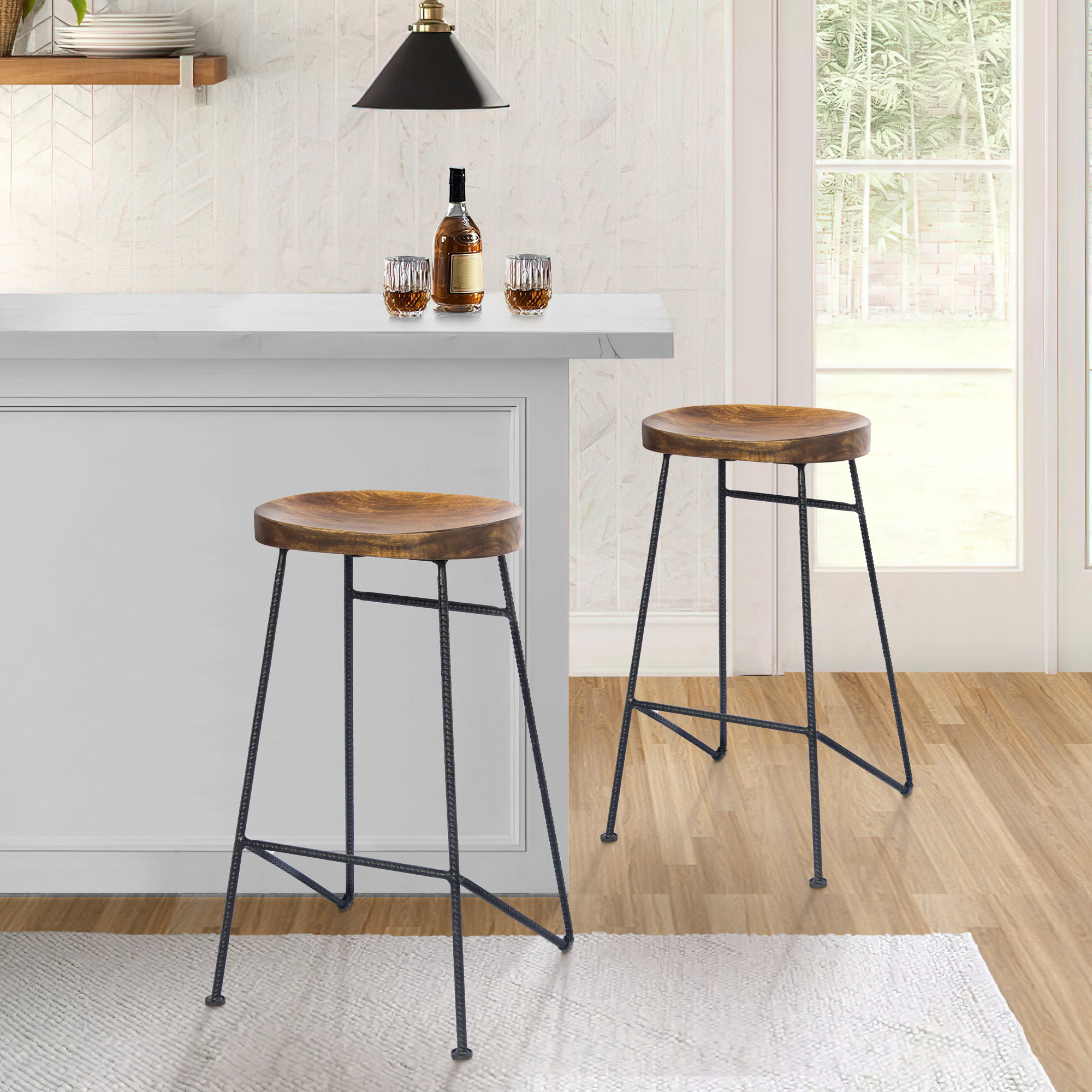 17 Stories 28 Inch Bar Stool With Mango Wood Saddle Seat, Iron Rod Legs ...