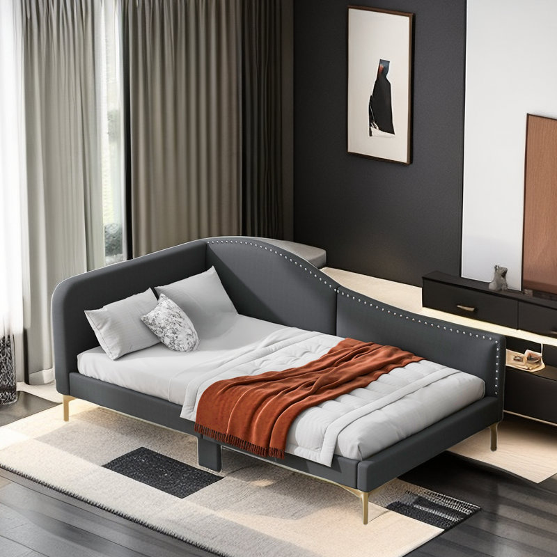Jivko Upholstered Daybed with Headboard and Armrest, Gray, Twin