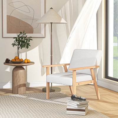 Accent Chair Wood Frame With Thick Linen Cushions Wide Seat Armchair Home Furniture Bedroom Office