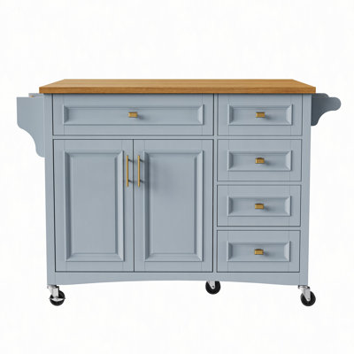 52" Kitchen Island with Drop Leaf, Embossed Texture Kitchen Island on Wheels with Spice Rack, Towel Rack, 2 Doors and 5 Drawers, Kitchen Storage Cart with Adjustable Shelf for Kitchen