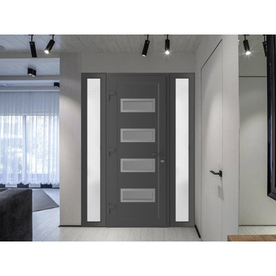 Porte d'entrée extérieure prémontée en PVC-U métal-plastique Manux 8113 Gris anthracite avec 2 impostes latérales, pour bureaux, commerces et habitations. Dimensions : 64 x 80 pouces (L 16 + 32 + 16 x H 80 pouces). Ouverture à droite vers l'intérieur.