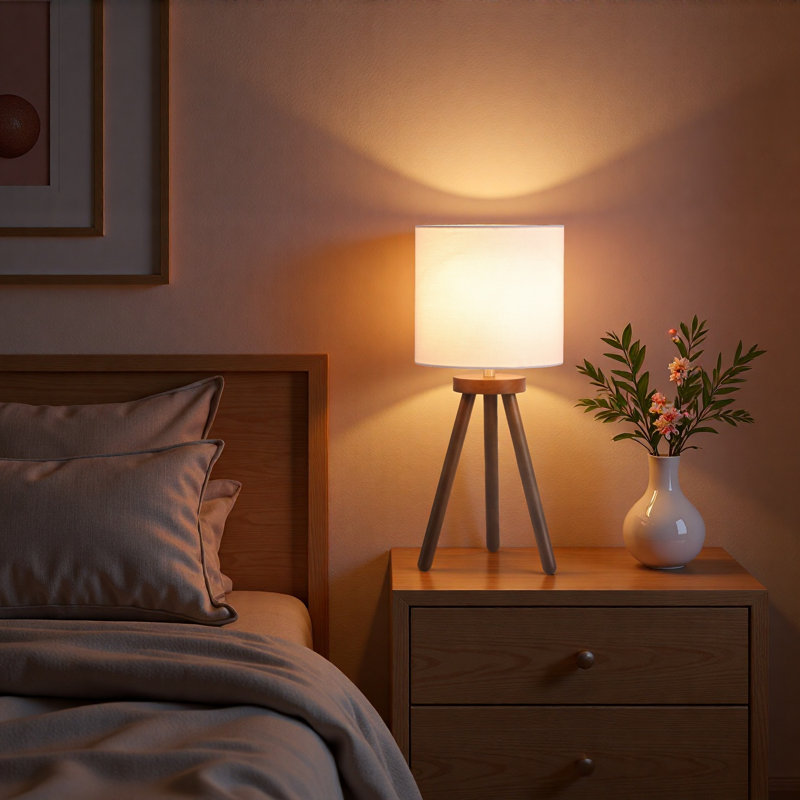 18 po Lampe de table à trépied en bois naturel avec abat-jour tambour en lin blanc, Blanc, Brun