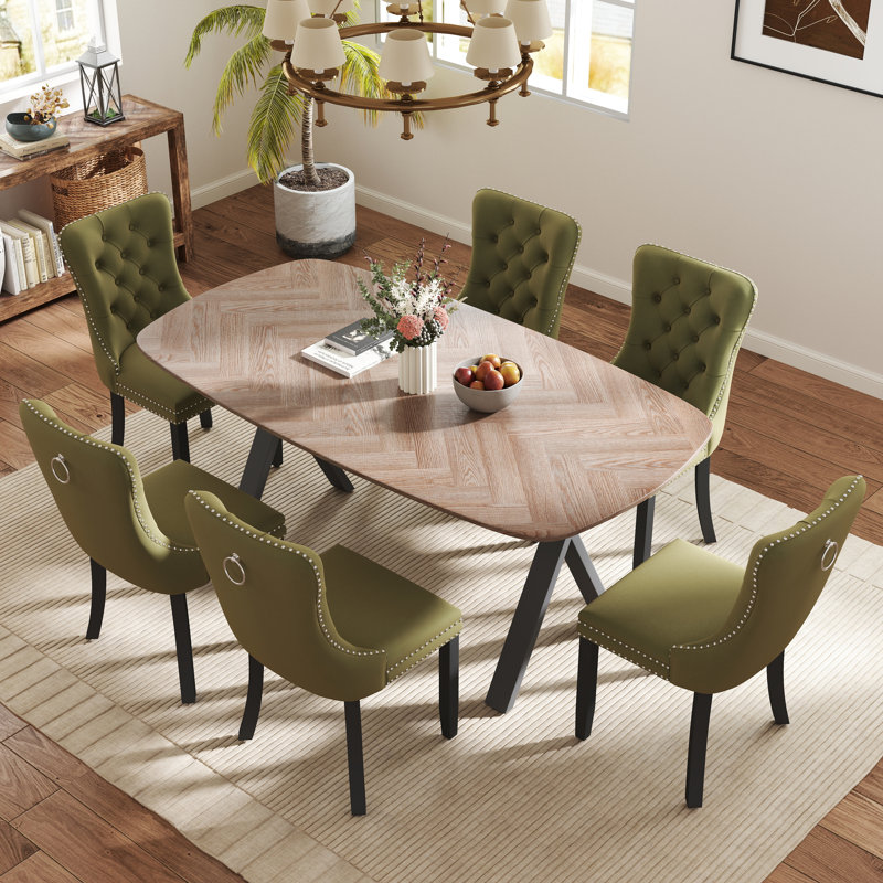 Rectangle Dining Set with Tufted Dining Chair, Olive Green, 29.5"H x 71"L x 35.4"W