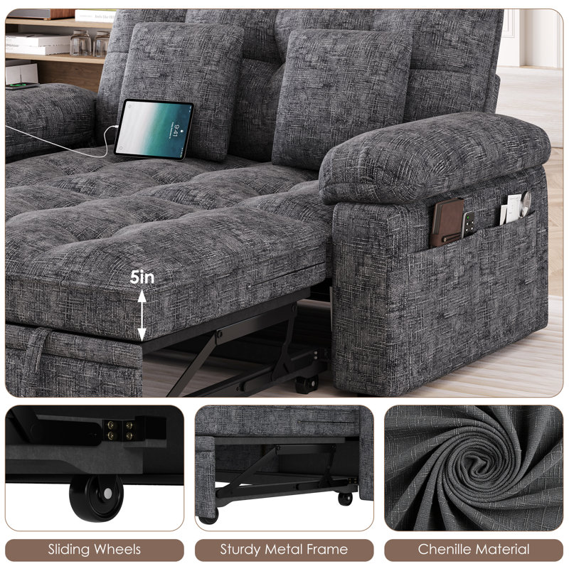 59.6" Sleeper Sofa With Adjustable Back, Charging Station & Pillows, Dark Gray