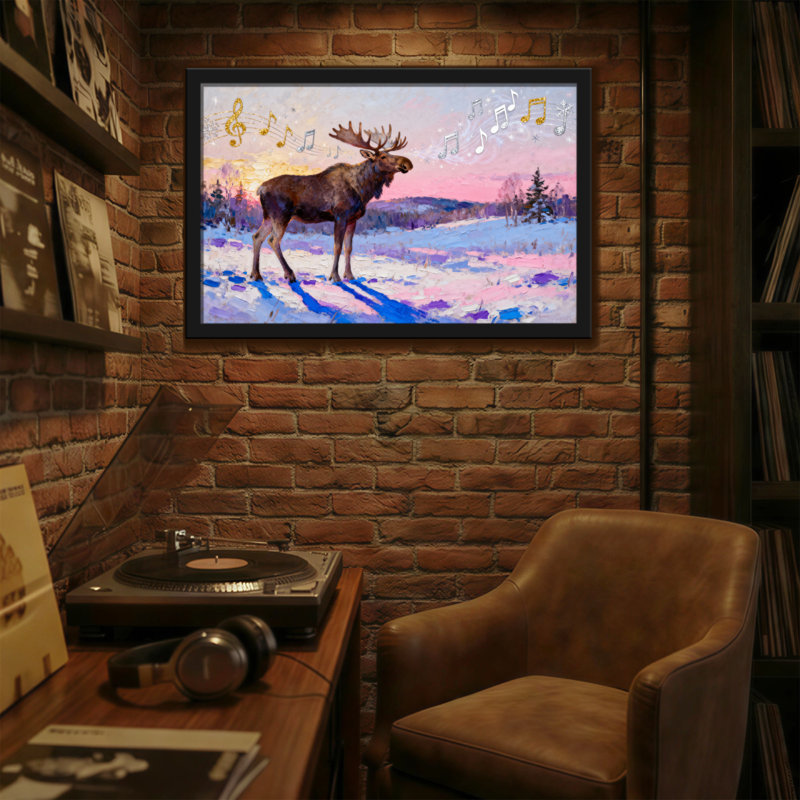 Orignal de Noël dans un paysage d'hiver avec notes de musique