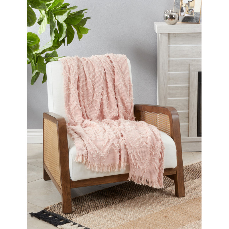 Rose Cotton Fringe Waffle Weave Throw Blanket