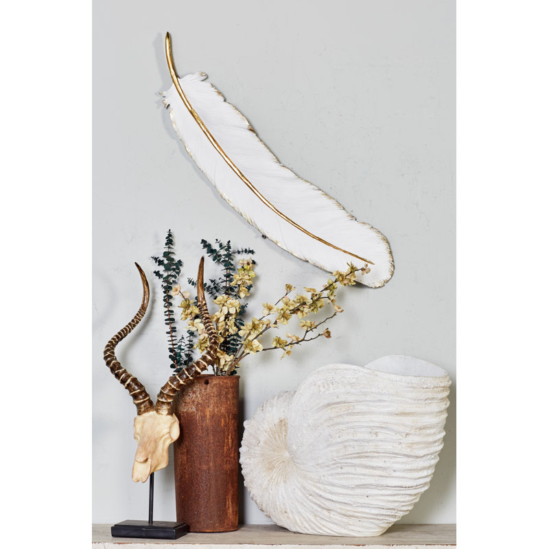 White and Gold Polystone Feather Wall Art Sculpture