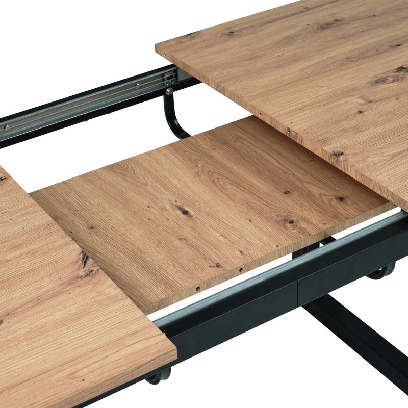 Darence Extendable Metal Base Dining Table, Natural Wood