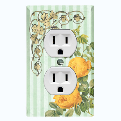 Metal Light Switch Plate Outlet Cover (Yellow Flower Green Leaves Frame Stripes - Single Toggle)