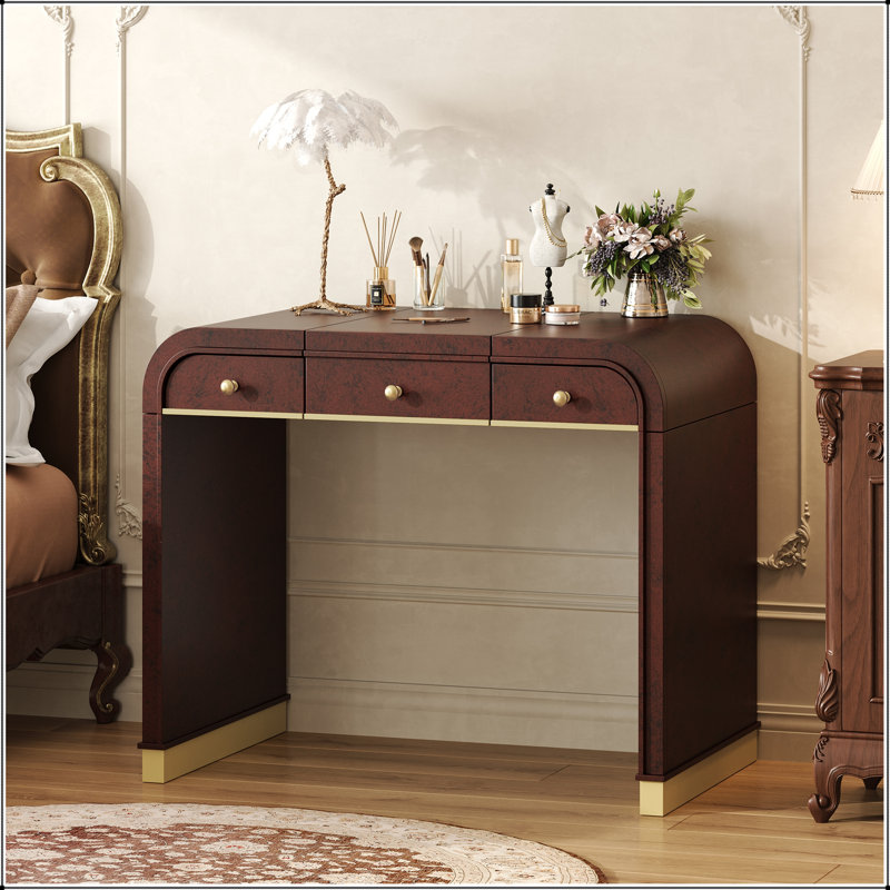 3-in-1 Classic Wood Vanity Desk with Flip Mirror, 2 Drawers and Storage Space for Bedroom, Espresso