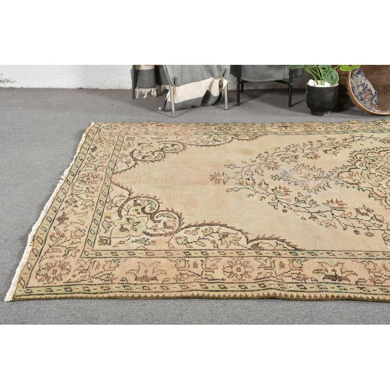 Tapis turc rétro en laine fabriqué à la main en beige avec motifs floraux bohémiens classiques brun / vert