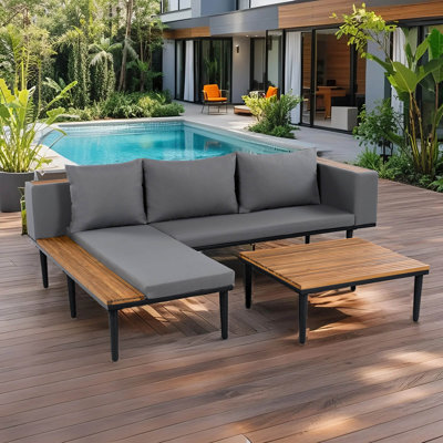 Ensemble de mobilier de patio en bois d'acacia - Canapé modulaire d'extérieur en forme de L avec coussins amovibles, table basse et table d'appoint, ensemble de conversation résistant à l'eau pour la cour, le porche, la piscine