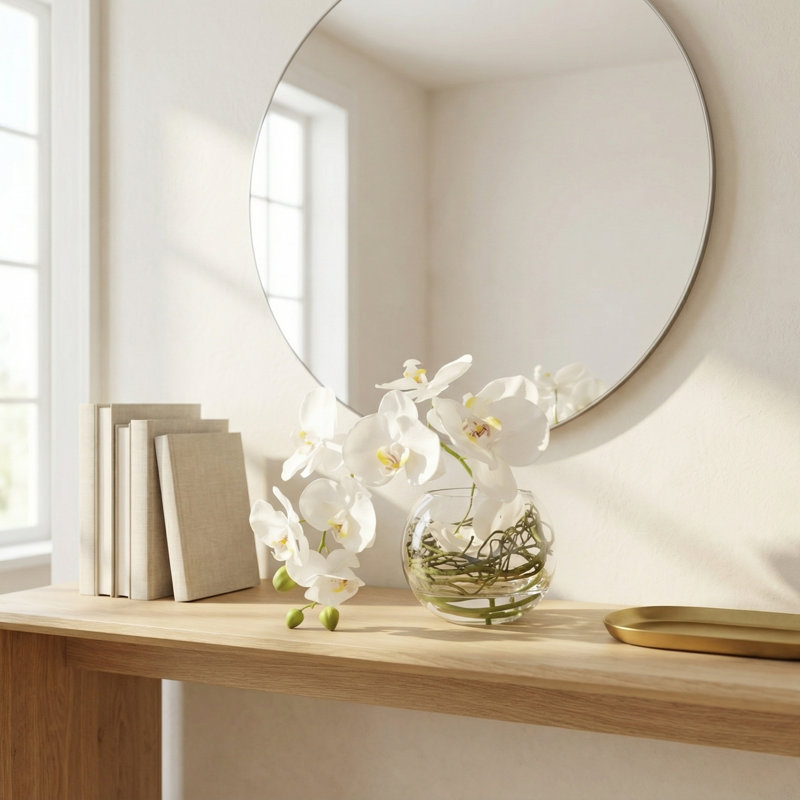Orchidée et saule bouclé disposés dans un vase en verre