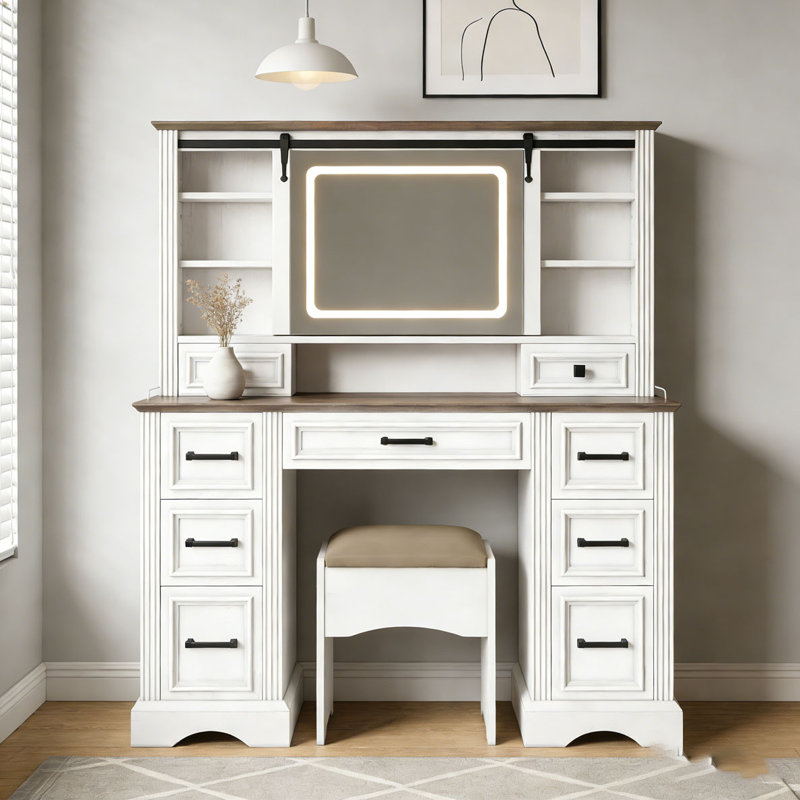 Bureau de coiffeuse 47,2 "avec miroir coulissant, grand ensemble de meuble-lavabo avec lumières DEL, coiffeuse avec tabouret de rangement 47,2"