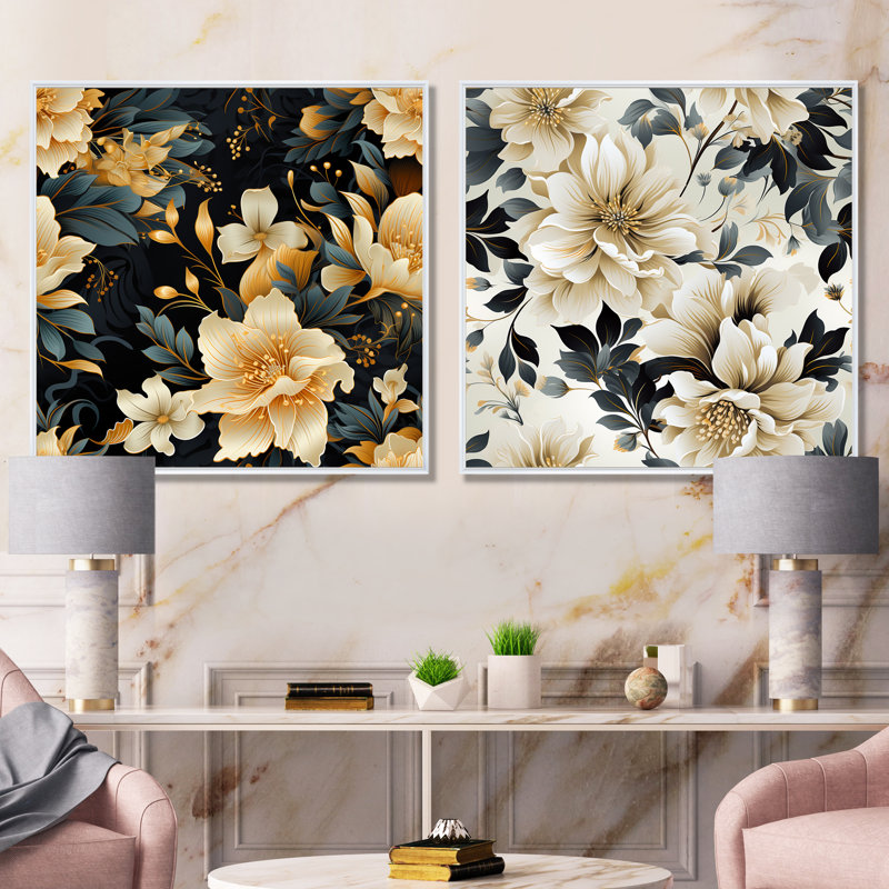 Ipomee - Ensemble de 2 reproductions d'art sur toile florales, Cadre blanc, H 36 po x l 73 po x P 1,5 po