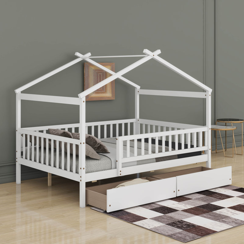 Full Size Wooden House Bed With Drawers, Blanc