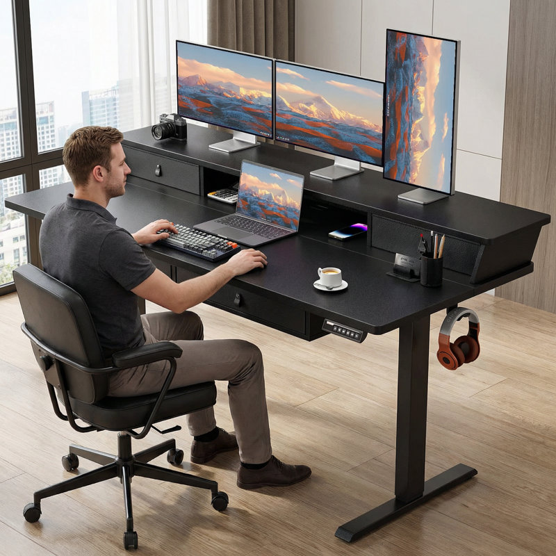 Jeneffer Computer Standing Desk with 4 Drawers for Home Office，Electric Height Adjustable Gaming Desk with Storage Shelf
