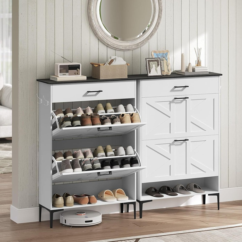 Armoire de rangement pour chaussures Farmhouse avec 2 tiroirs rabattables, organisateur de chaussures étroit autoportant avec tablettes réglables