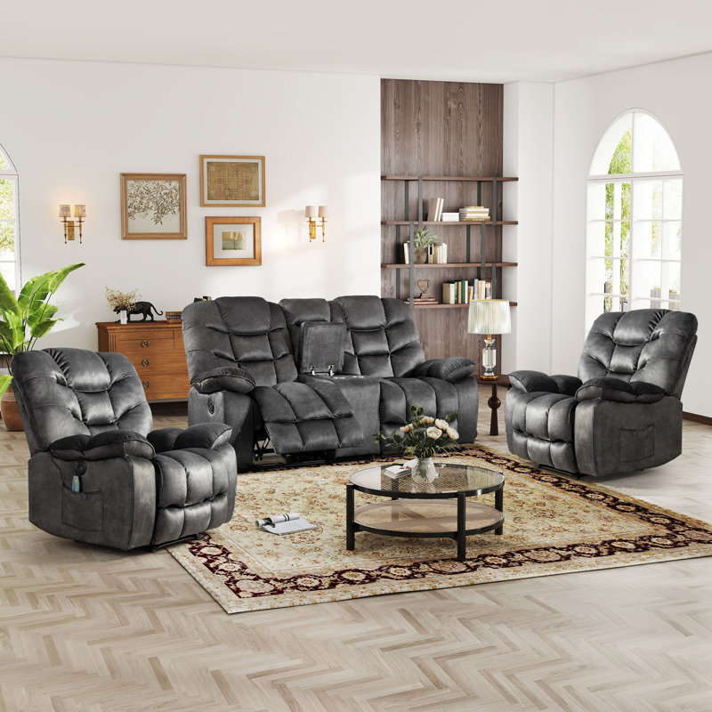 Ensemble de salon inclinable 3 pièces avec 2 fauteuils de massage chauffants électriques et causeuse manuelle avec console