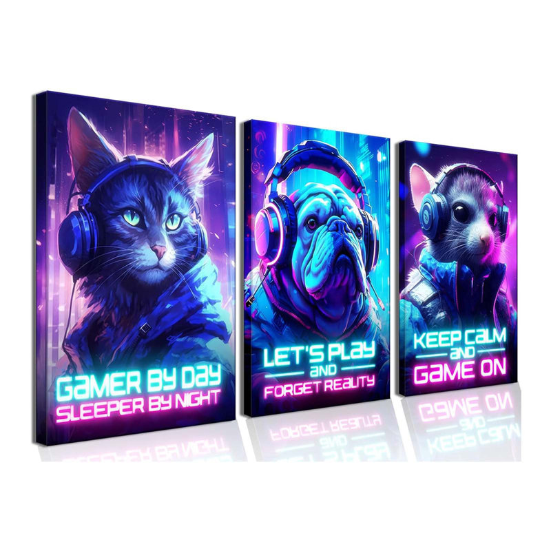Framed Gamer Themed Wall Art With Neon Cats And Dog, Set Of 3 Framed Prints, Video Game Decor Room Posters For Bedroom Gaming Wall Art For Kids Playroom Posters Gamer Picture Teen Bedroom12 X 16 Inchesx3