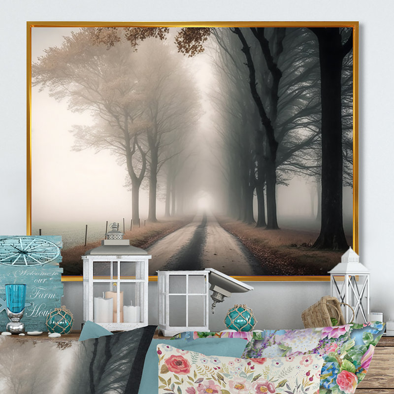 Art sur toile, "Misty Road Through The Forest II", H 16 po x l 32 po x P 1 po, Cadre flottant doré
