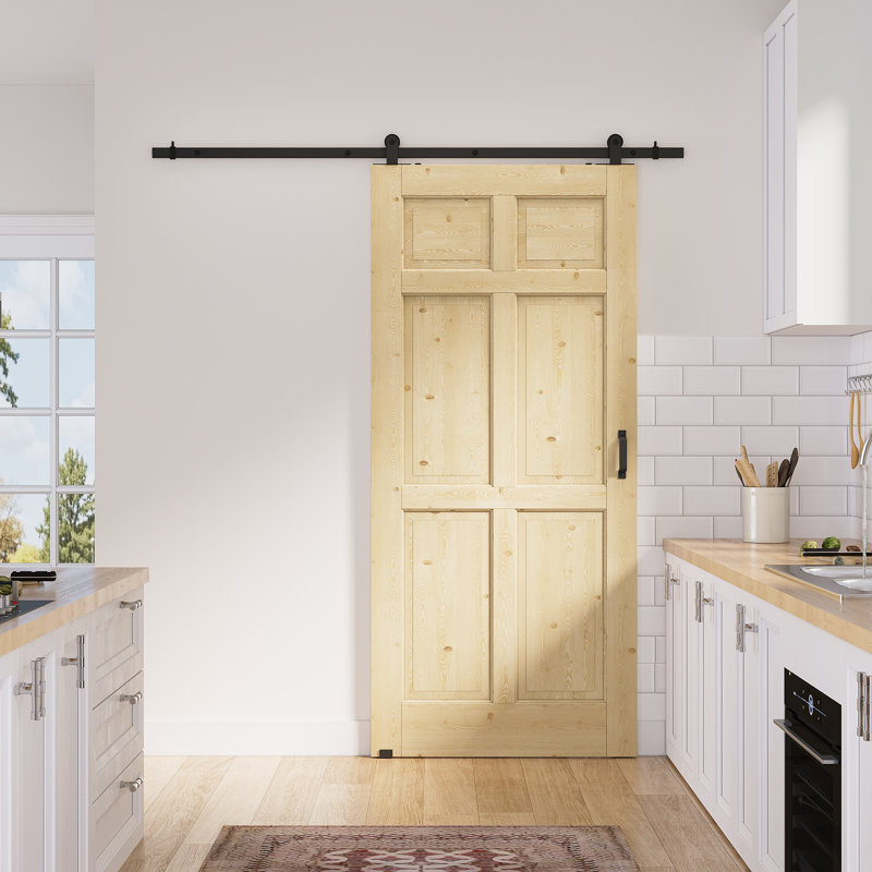 24in.x 80in.6 Panelled Pine Door Slab Unfinished Surface With All Barn Door Hardware Kit, 36in.x 80in.