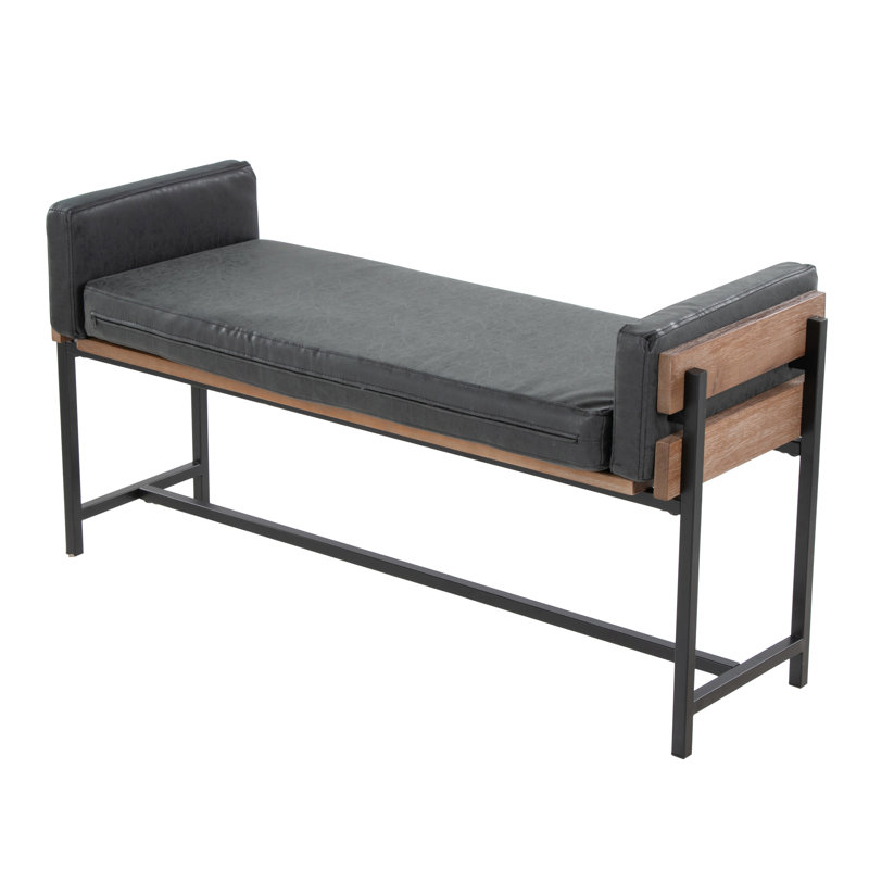 Banc de ferme 18 po avec métal noir, bois et similicuir noir, Noir
