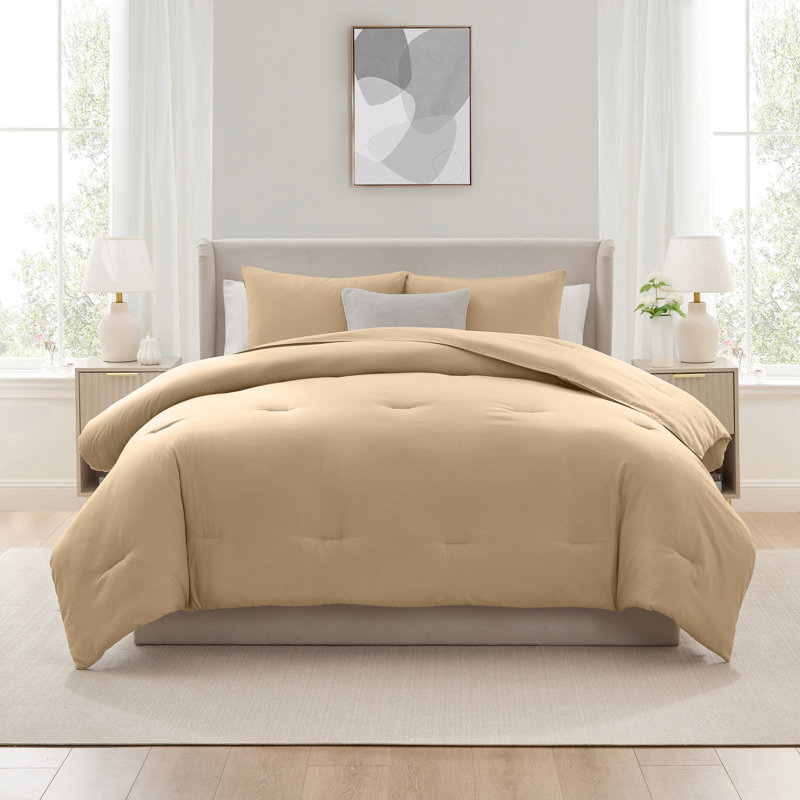  soft microfiber 3 piece comforter set with pillow shams, Beige, King Comforter + 2 King Shams