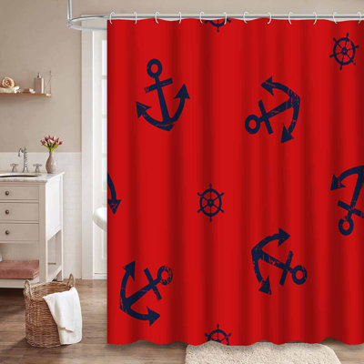 Marine Seamless Red Anchor Sailor Navy Shower Curtain with 12 Hooks
