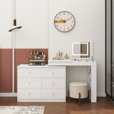 Vanity Desk With Mirror And Lights, Makeup Vanity Table With Flip-Top Tabletop And Storage 7 Drawers, 9 Compartments, 3 Shelves, 3 Color Modes Adjustable Makeup Table For Bedroom