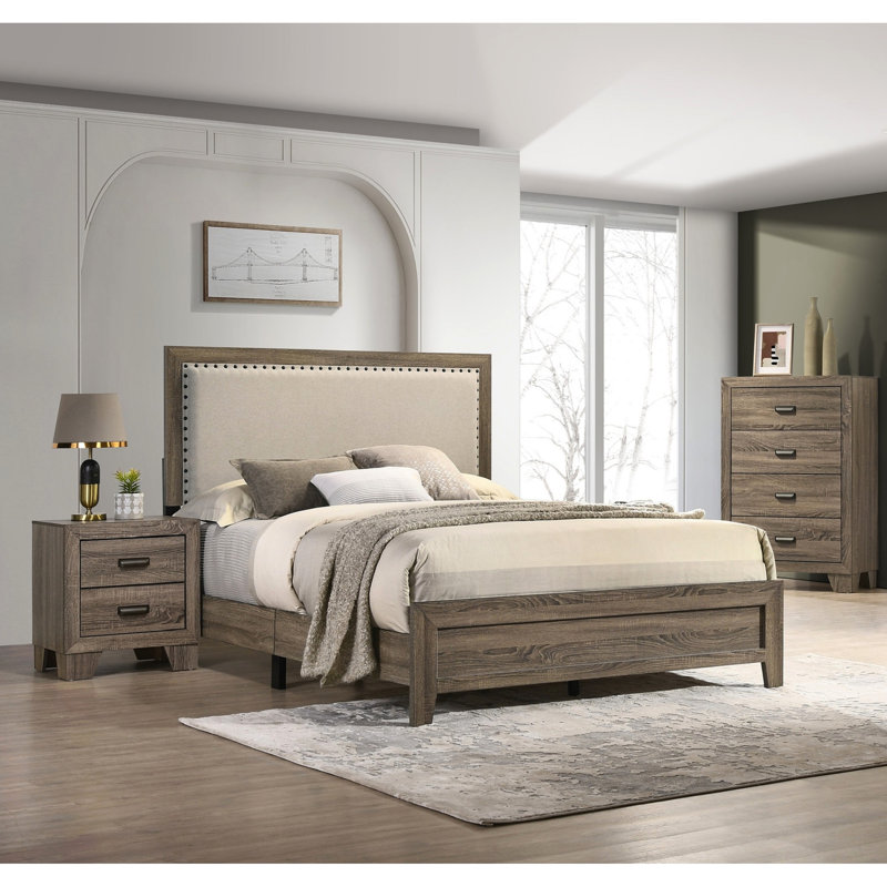 Joli grand lit en incrustation de cristal gris avec placages en bois